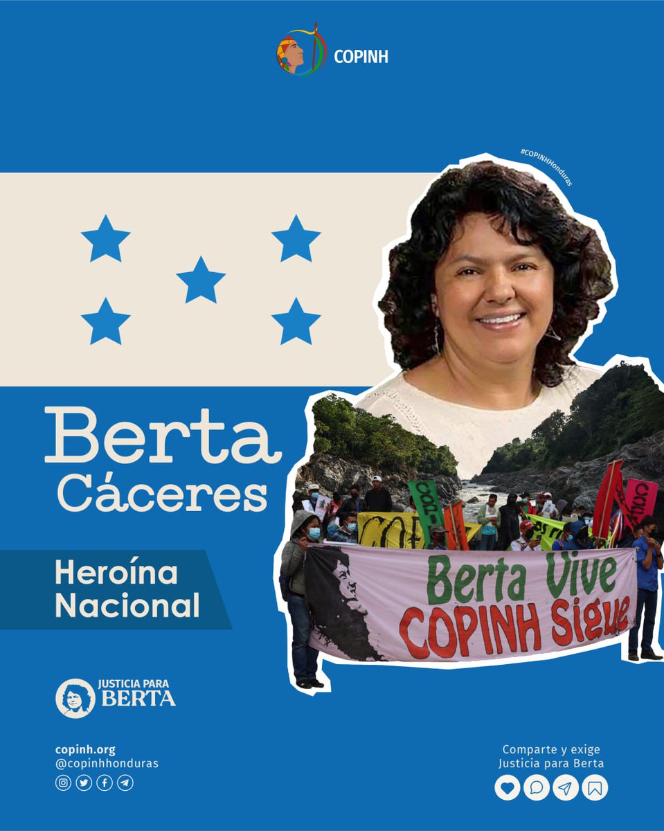 COPINHHONDURAS's tweet photo. Berta Cáceres, heroína nacional. ✊🌿

(1/4)📌Hoy, #Honduras conmemora la independencia en el marco de la colonización española y, en todo el país, desfilará el rostro de #BertaCáceres. https://t.co/xCnIW8ltTK