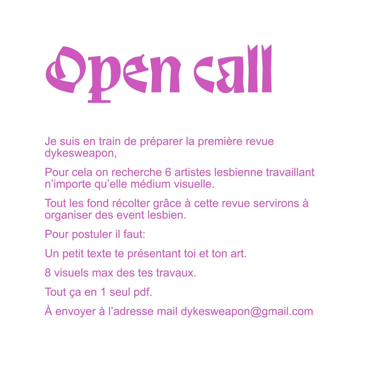 dykesweapon's tweet photo. Nous ouvrons un open call afin de crée une revue dont les bénéfices serviront à financer des événements ! 
Mettez « open call » dans l’objet du mail.
Vous avez jusqu’au 1 er octobre.
💖 https://t.co/K09SSIH5OA