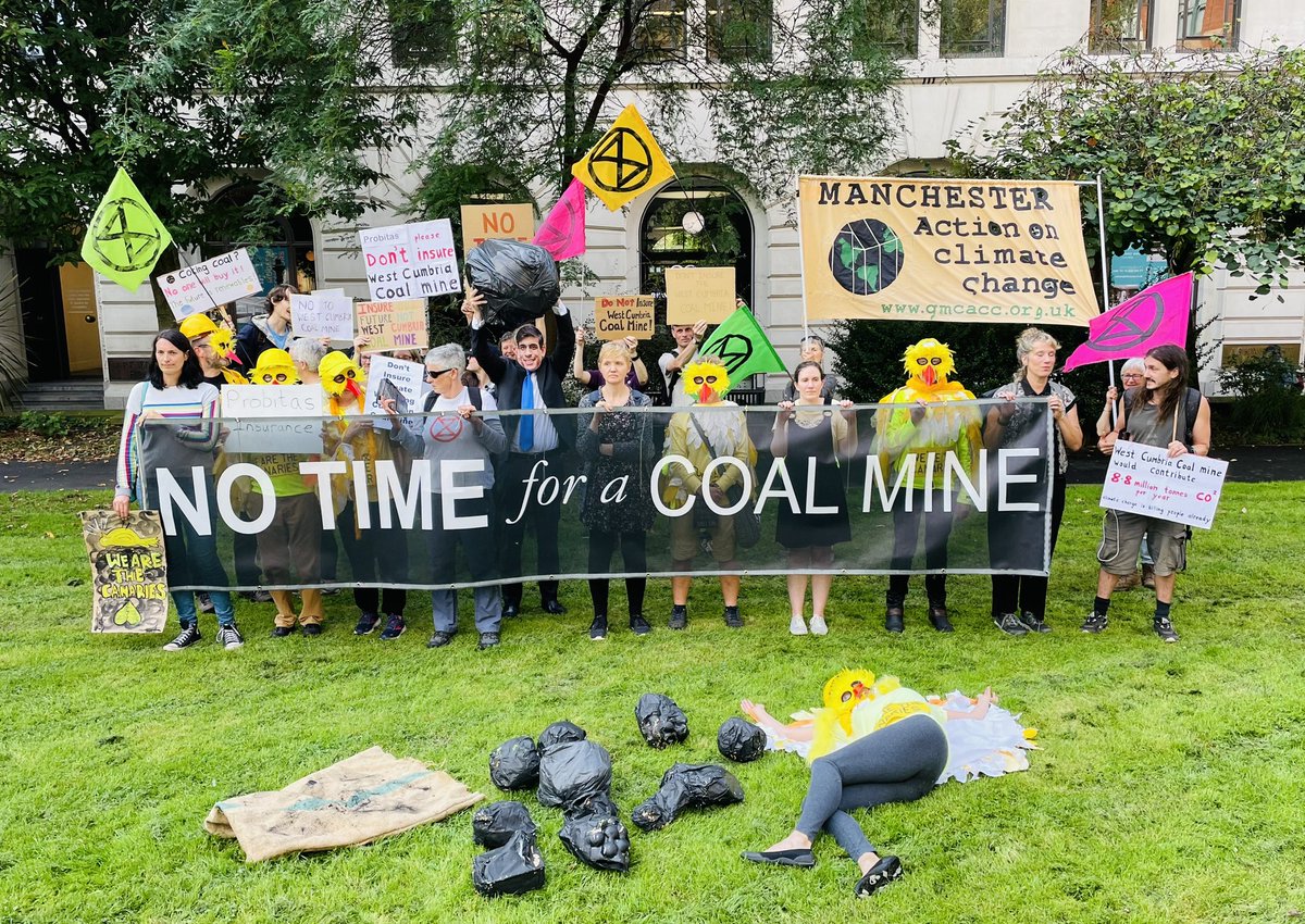 XR_Macclesfield's tweet photo. Today we targeted #Manchester insurance companies #Probitas #Axa #traveller #markel #QBE #chubb and asked them not to insure the West Cumbria Coal mine this is no time for a coalmine we need to #endfossilfuels and transition to green energy #FastFairForever https://t.co/xWcIn9p5ea