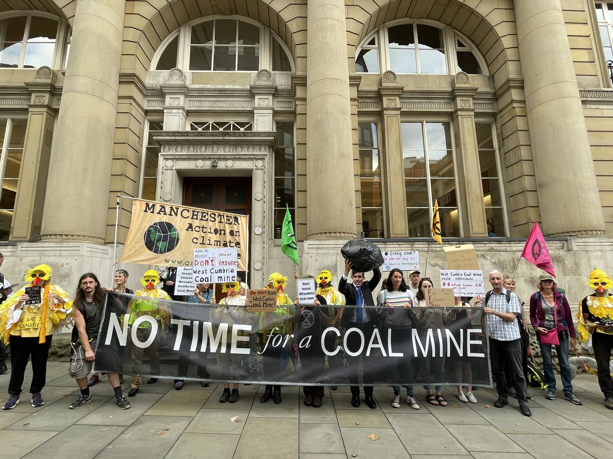 XR_Macclesfield's tweet photo. Today we targeted #Manchester insurance companies #Probitas #Axa #traveller #markel #QBE #chubb and asked them not to insure the West Cumbria Coal mine this is no time for a coalmine we need to #endfossilfuels and transition to green energy #FastFairForever https://t.co/xWcIn9p5ea