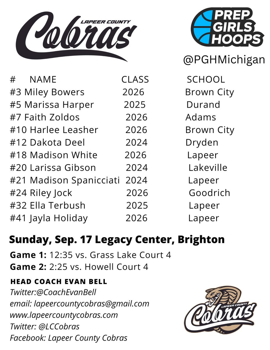 Evan Bell (@coachevanbell) on Twitter photo September 17th roster for <a href="/LCCobras/">Lapeer County Cobras</a> Varsity. See us play <a href="/GrasslakeGbball/">GrassLakeGbball</a> <a href="/HowellHoops/">Howell Womens' Basketball</a> <a href="/LegacyMI_Bball/">Legacy Center Basketball</a> you do not want to miss the ๐ฅ works. September 17th roster for <a href="/LCCobras/">Lapeer County Cobras</a> Varsity. See us play <a href="/GrasslakeGbball/">GrassLakeGbball</a> <a href="/HowellHoops/">Howell Womens' Basketball</a> <a href="/LegacyMI_Bball/">Legacy Center Basketball</a> you do not want to miss the ๐ฅ works.