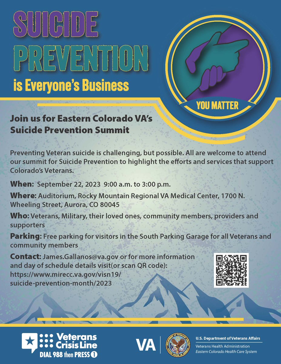 #VetsReachOut #SPM23 #SuicidePreventionMonth 

Join us on Friday, September 22, 2023 from 9am to 3pm MT for the <a href="/VAECHCS/">VA Eastern Colorado Health Care System</a> Suicide Prevention Summit

Check out the schedule of activities here:
mirecc.va.gov/visn19/suicide…