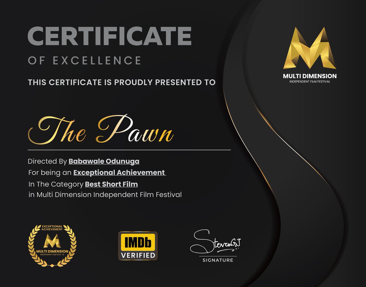 EiPfilms's tweet photo. @mdiff_21 sent our film festival certificate for the Award of Exceptional Achievement which we won on our short film: 
"THE PAWN". 
All the Glory be to God.
We want to appreciate and celebrate @MDIFF21
@eipfilms  @everbrands_ltd https://t.co/QEYUFu9qMO