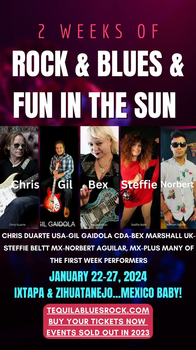 mxbluesrockfest's tweet photo. More Performers 2024.  Hear Their Music. January 19-27, 2024, #ixtapa #zihuatanejo #troncones #mexico #tequila #rock #blues #explosions #festival  Where will you be?
#chrisduarte usa #steffiebeltt mx #bexmarshall uk #gilgaidola cda #norbertaguilar mx
https://t.co/oQoemig8JR https://t.co/vCHvoSK6sr
