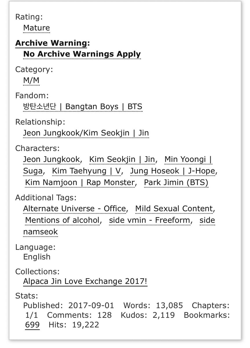 - terms and conditions may apply by vppa
#jinkook #kookjin

- mature
- strangers to lovers
- office worker! jk x delivery guy! sj
- mild sexual content 
- one-shot; +13k
archiveofourown.org/works/11928306…