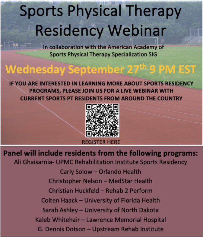 It’s that time of year again! If you’re interested in applying for a Sports PT Residency, you won’t wanna miss this!! 

⚽️🏀🏈⚾️🥎🎾🏐🏉🏓🏒🏑🥍🏂🎿

When: September 27th @ 9PM EST

Who: You + our amazing panel 

How to register? learn.sportspt.org/courses/41557/…