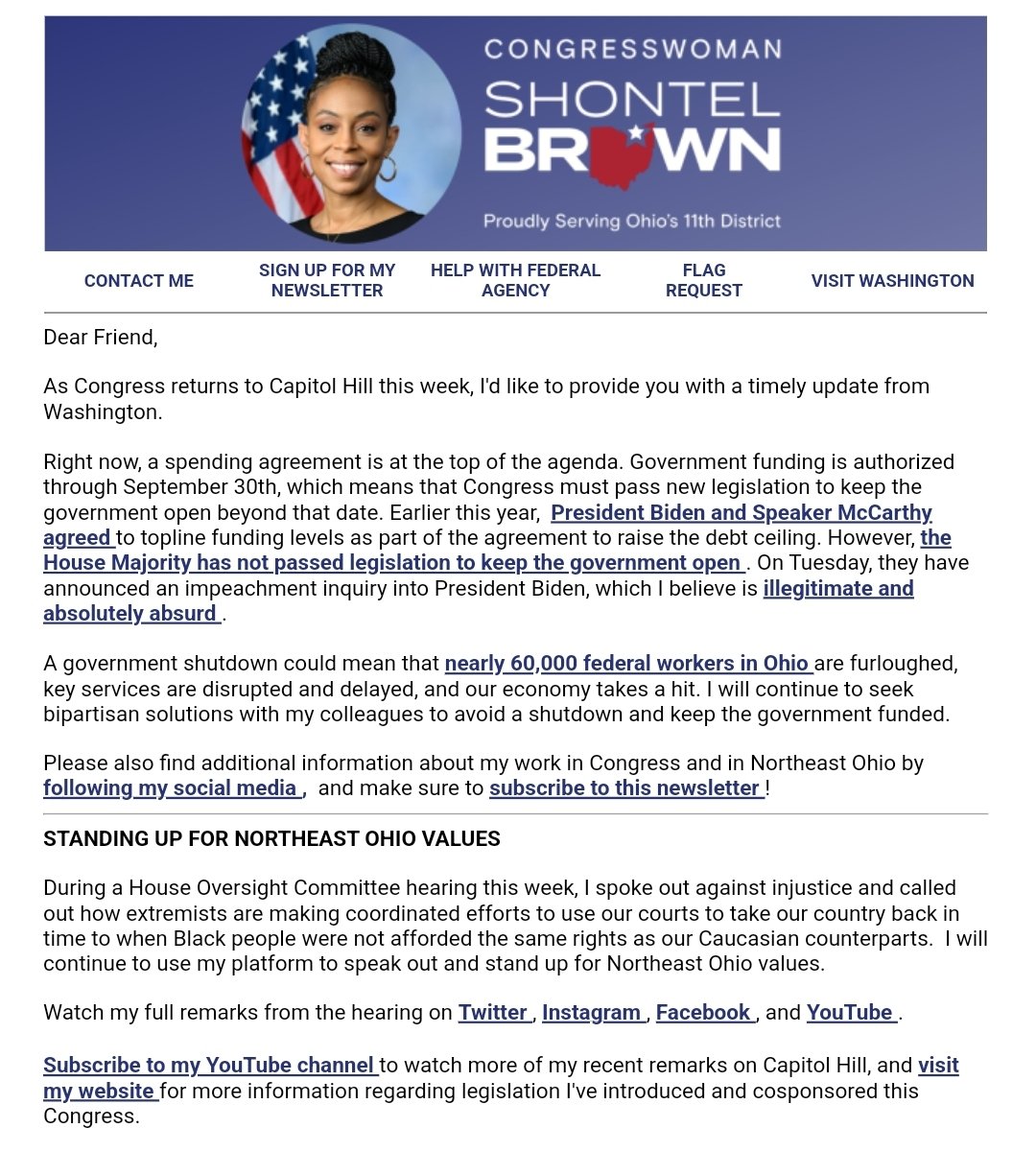 When it rains, it pours...This person was voted into office by the people in my district. She speaks of 'Northeastern Ohio values.' I did not vote for her. She does NOT represent me. God help our area/country. God bless the USA. The newsletter I was emailed is below. Enjoy.
