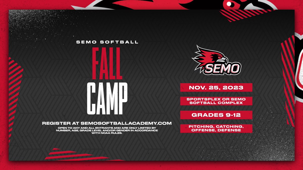 Fall camp dates are back! Come camp with the 2023 Regular Season Champion Redhawks on Saturday Nov. 25th! Find more info and register at semosoftballacademy.com