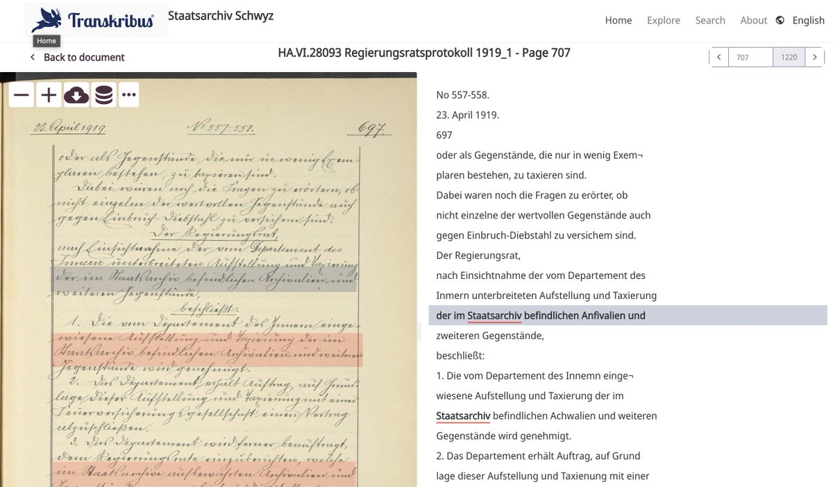 👇📜 Die handgeschriebenen Regierungsratsprotokolle  des Schwyzer Regierungsrates von 1848 bis 1919 sind nun online und können dank @Transkribus nach beliebigen Schlagwörtern durchsucht werden! Try it!  beta.transkribus.eu/sites/schwyz #digitalhistory #archives 💥