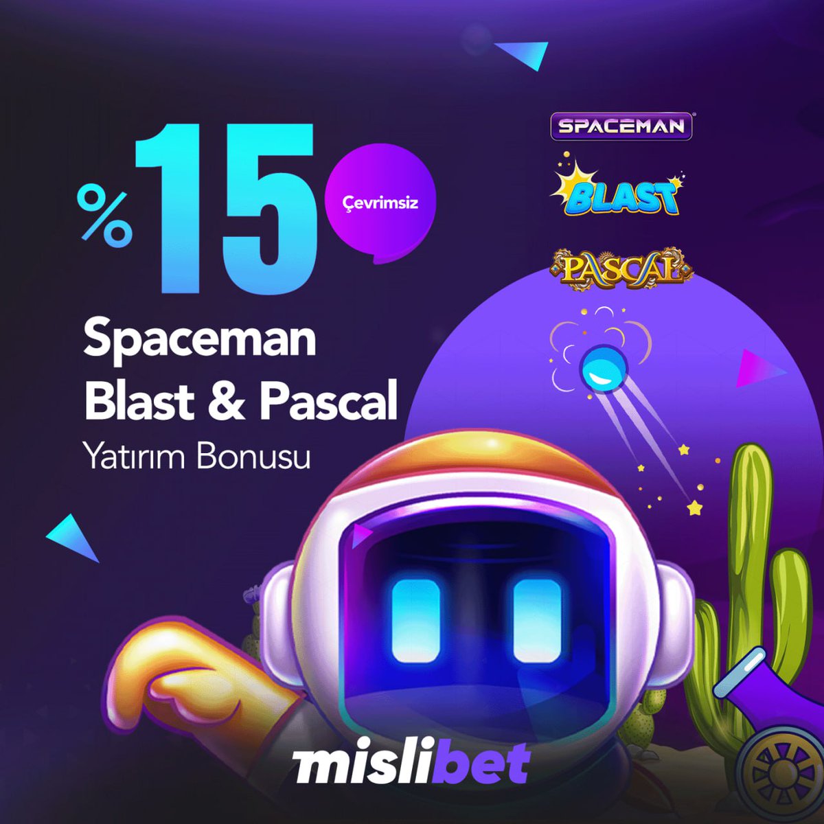 TrMislibet's tweet photo. 💜 #Mislibet'te  Heyecen Dolu Oyunlar!!

❣️ Bu promosyon Spaceman &amp; Blast &amp; Pascal oyunlarında geçerlidir,
✅  %15  Yatırım Bonus İmkanı Sizlerle

💰 Şanslı anlar ve keyifli kazançlar mekanı;
🔗 https://t.co/RZVQGsg48Z https://t.co/DMZiCsc7ha