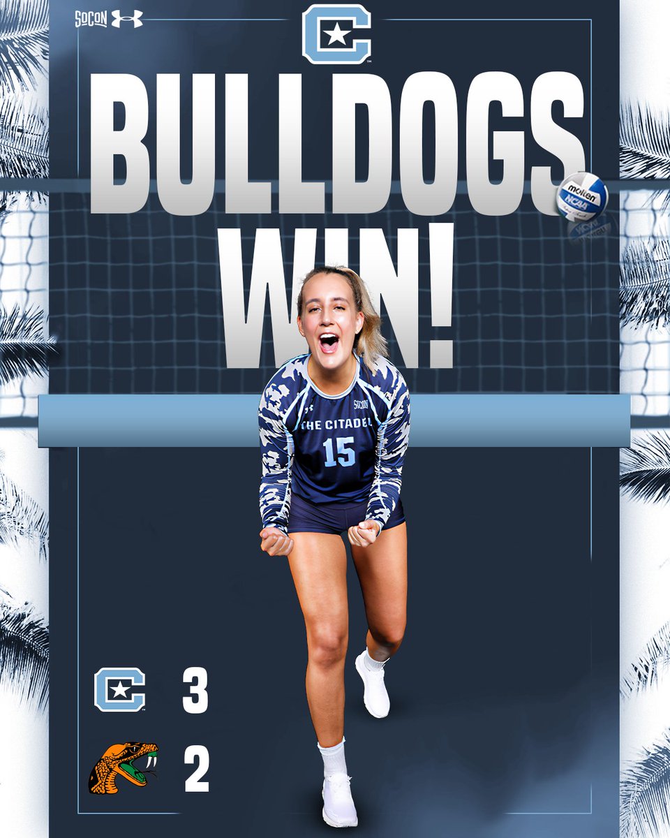 CitadelVB's tweet photo. BULLDOGS WIN!!!

The Citadel wins in five sets over Florida A&amp;M!

#BattleReady https://t.co/FHWtmbfHLQ