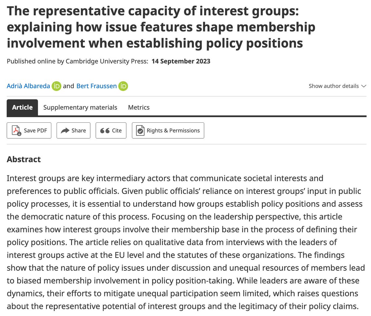 A new interesting article, “The representative capacity of interest groups: explaining how issue features shape membership involvement when establishing policy positions”, by Adrià Albareda and Bert Fraussen is now available on our FirstView page: t.ly/DdLqd