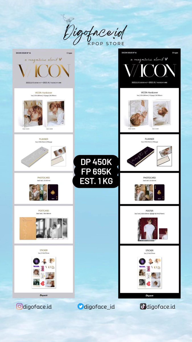 Digoface_id's tweet photo. OPEN PO DICON ISSUE N°16 V : All type

‼️CLOSE PO 1 Oktober 2023‼️
✨ Rilis 28 November 2023✨

📝 Details:
✔️Harga inc.EMS&amp;TAX
✔️Est sampai indo 2-4 minggu setelah sampe wh🇰🇷
✔️Ada GO
✔️Bisa CO🍊
⚠️Berat naik harga naik, berat turun harga turun
Wts wtb vicon BTS
 #vicon #diconv https://t.co/vpRE6lyM5b