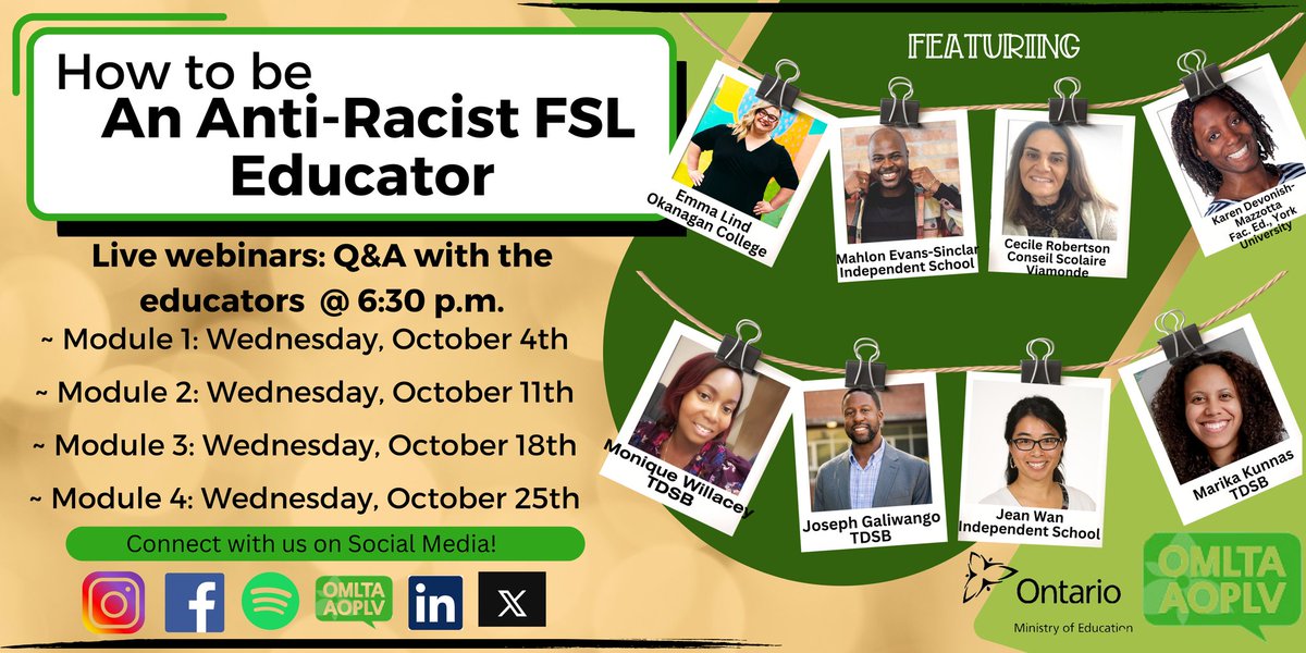 OMLTA's tweet photo. OMLTA and the Ministry of Education are proud to present a 4-module series – “How to be an Anti-Racist FSL Educator”.

Mark your calendars for the live webinars for the Q&amp;A with the educators in October:

Module 1 educators: Wednesday, October 4 https://t.co/cDf0gYjv3Q