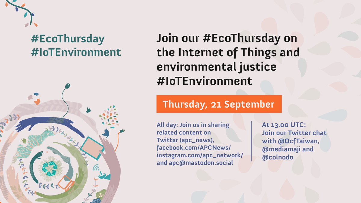 How can the Internet of Things be used to promote environmental justice? 

Join our next #EcoThursday with <a href="/OcfTaiwan/">Open Culture Foundation 開放文化基金會</a>, <a href="/MediaMaji/">Media Awareness and Justice Initiative (MAJI)</a> and @colnodo:

apc.org/en/news/ecothu…

#InternetofThings #IoTEnvironment