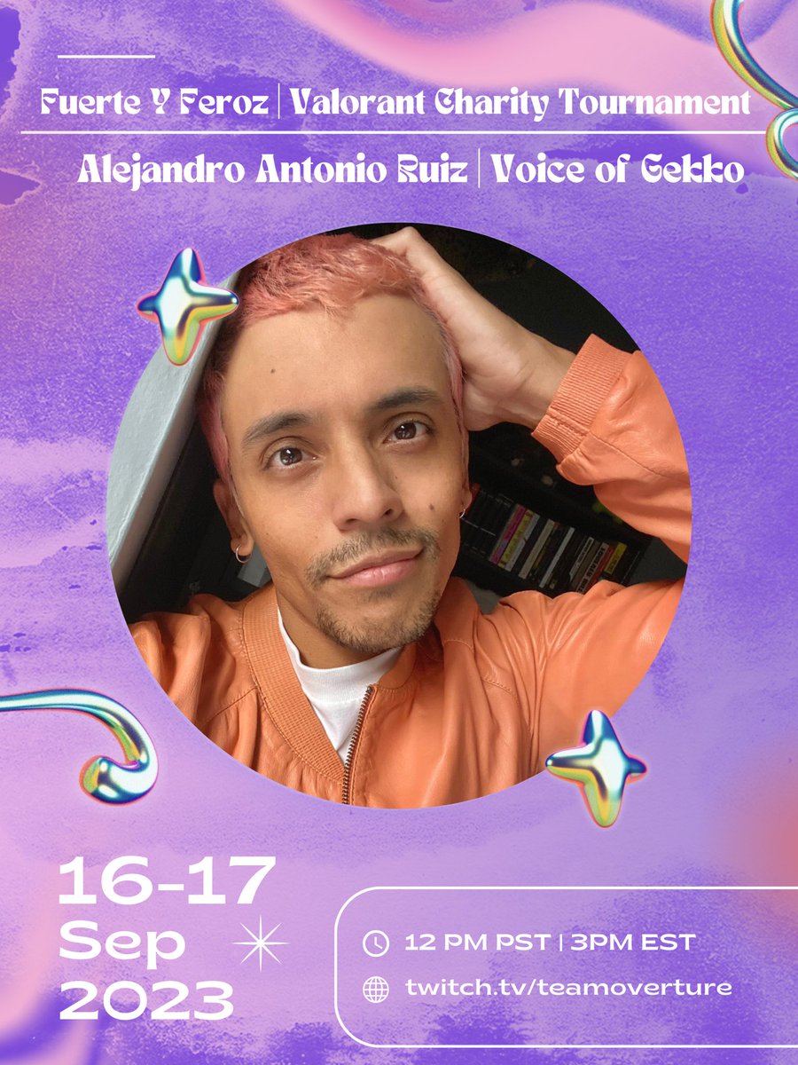 💥#Gekko and #raze are gonna be guests on a #Valorant charity stream on 
twitch.tv/teamoverture 
See you tomorrow at noon pst! 
I’m only on Sept 16, but they’ll be streaming all weekend! 
<a href="/AlejandroRuizVO/">Alejandro Antonio Ruiz</a> #fuerteyferoz