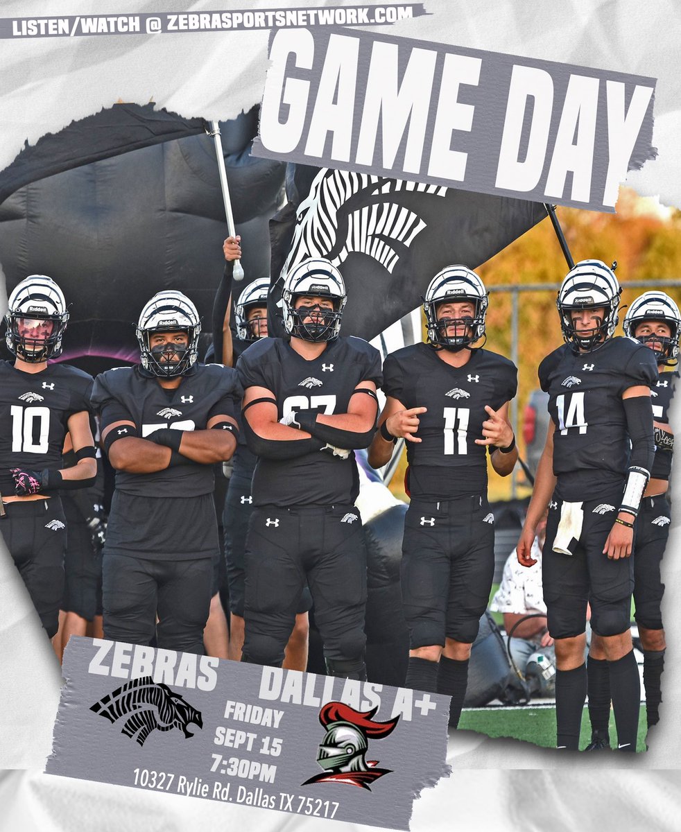 BAD__Graphics's tweet photo. GAME DAY for the Zebras!! 

📅 Sept 15
🆚Dallas A+
🕛 7:30pm KICKOFF
🏟️Rylie Road Stadium
🎟️ https://t.co/sywd31Rzcy
Listen/watch @ZebraSportsHome 

#zebrafootball #zebranation #sta #grandview #hstxfb https://t.co/r2hMR0KXMz