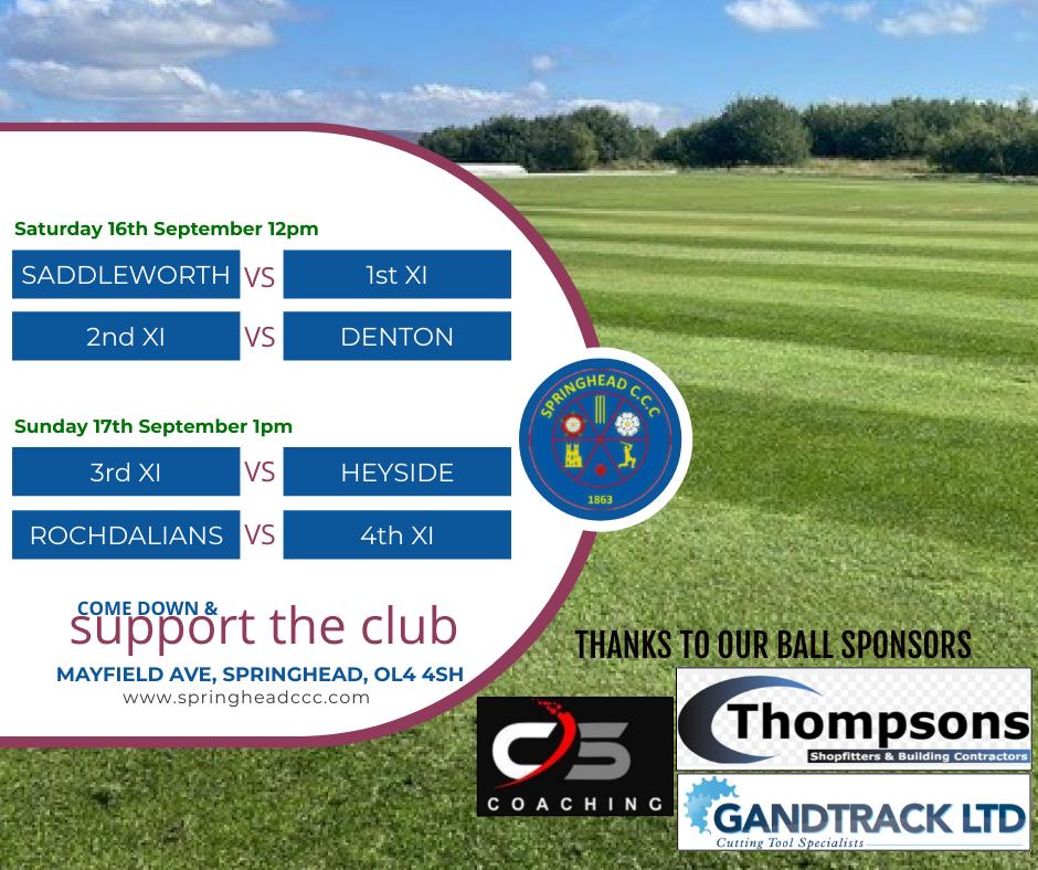 Last games of the season for our 1s 2s and 4s!

1s need a win and help from <a href="/WoodhousesCC/">Woodhouses CC</a> to take the title.

2s look to do the double over <a href="/Denton_CC/">Denton Cricket Club</a> 

3s take on <a href="/HeysideCC/">Heyside Cricket</a> 4s knowing a 6 point win all but secures the title!

4s look to finish with a win over <a href="/RochdaliansCC/">Rochdalians CC</a>