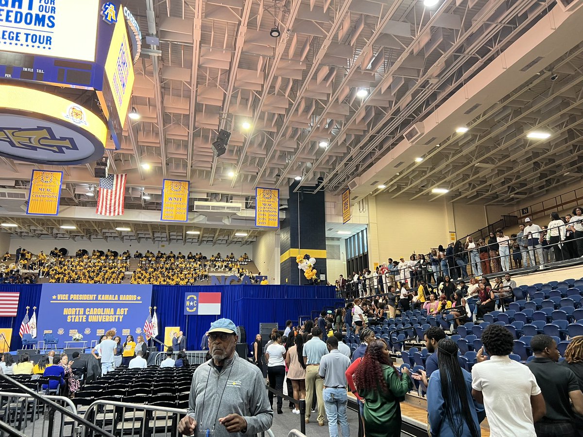 bethany_chafin's tweet photo. Students filing in at @ncatsuaggies to hear @VP speak as part of her “Fight for Our Freedoms” College Tour. She’ll be in conversation with @EPA Administrator Michael Regan. @885wfdd https://t.co/NDyXNt7vOJ