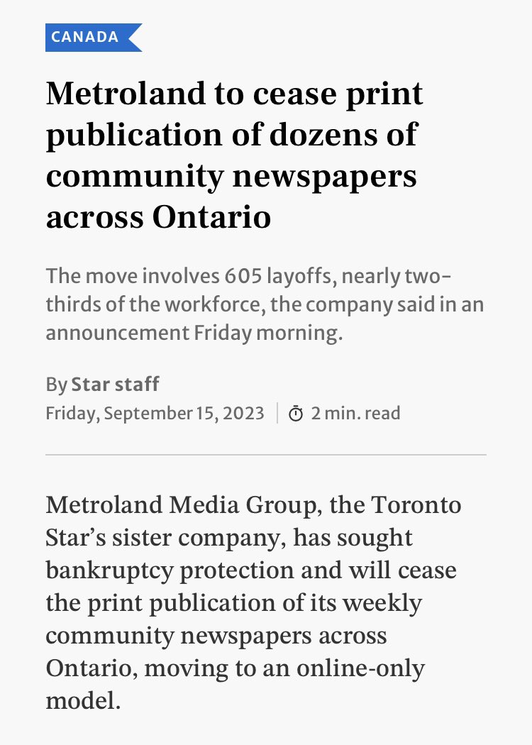 I can confirm I’m one of the Metroland journalists laid off today.

I worked with some incredible reporters and editors in my five years with the company. Community journalism is turning into a lost art form. This is a devastating day for Canadian media.

#cdnmedia