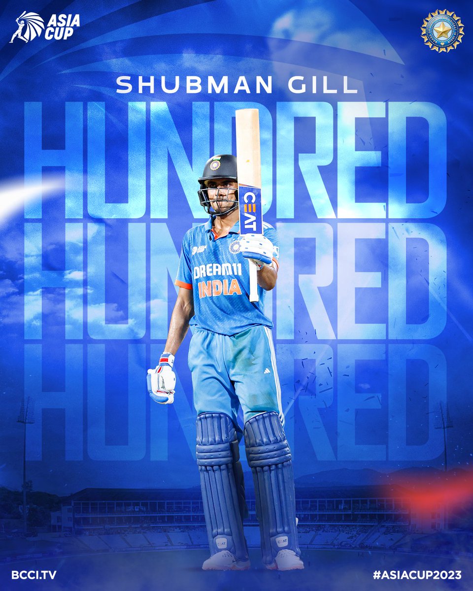 BCCI's tweet photo. A brilliant CENTURY by @ShubmanGill 👏👏

He brings up his 5th ODI 💯 off 117 deliveries.

#TeamIndia #AsianCup2023 https://t.co/l2RIiSHg6b