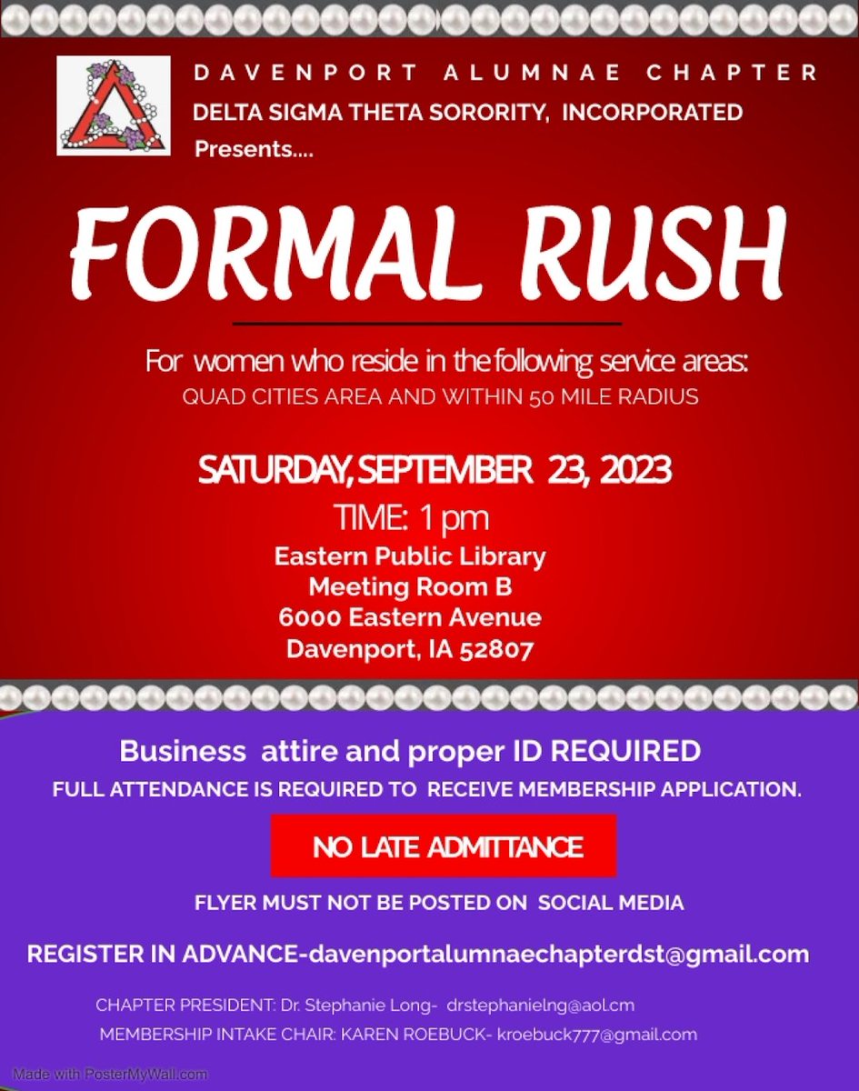 The ladies of DAC hope that you will accept our invitation, and we look forward to your attendance at our Formal
Rush.

Sincerely,

Dr. Stephanie E. Long
Davenport Alumnae Chapter President

davenportalumnaechapterdst@gmail.com
