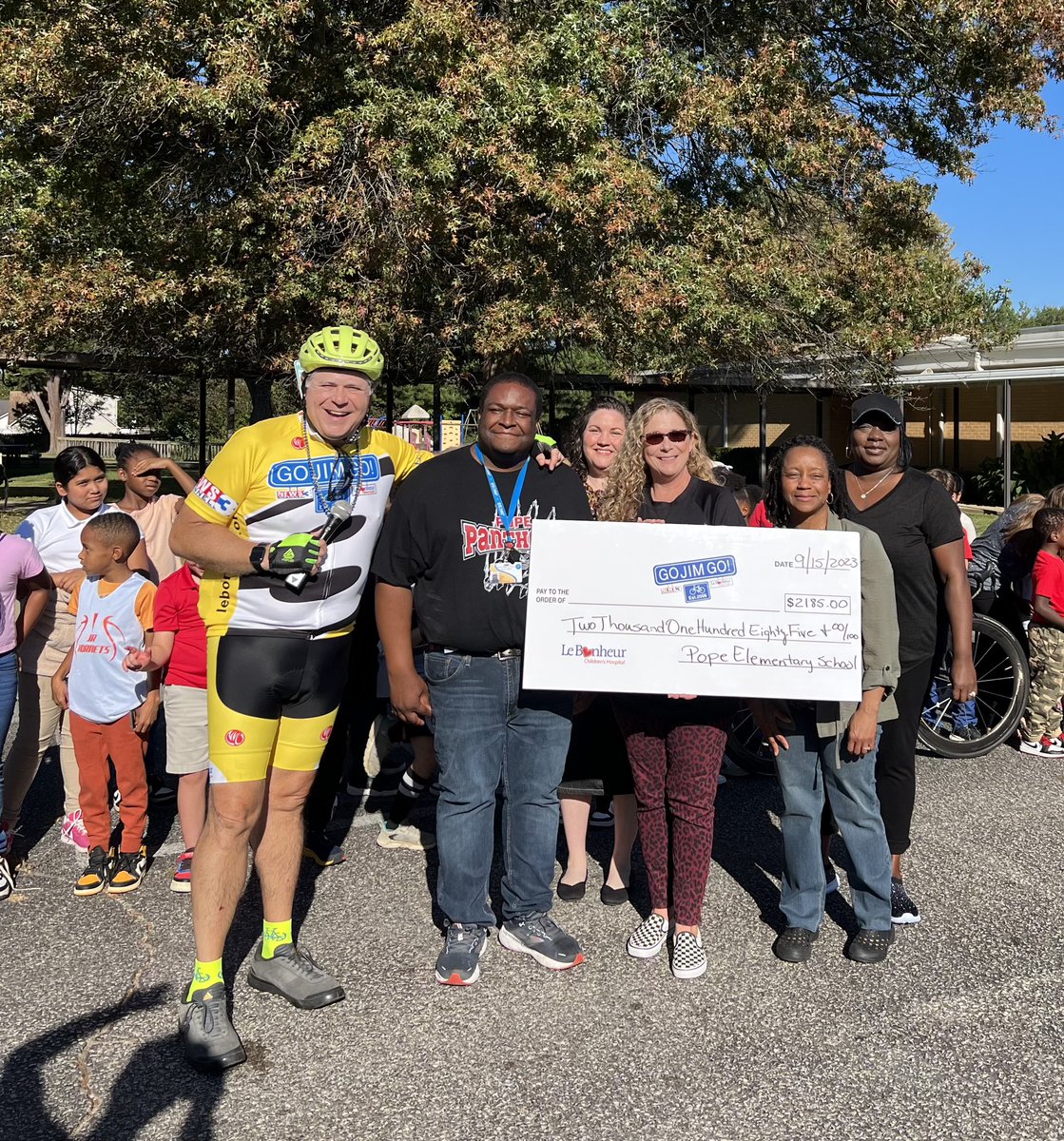 pope_school's tweet photo. 🐾Pedal Parade - We are PANTHER PROUD to announce a $2185 donation to @LeBonheurChild via GO JIM GO! @3onyourside #WeArePopePanthers #BelieversUnite🐾 https://t.co/Z3PTpW2vS7