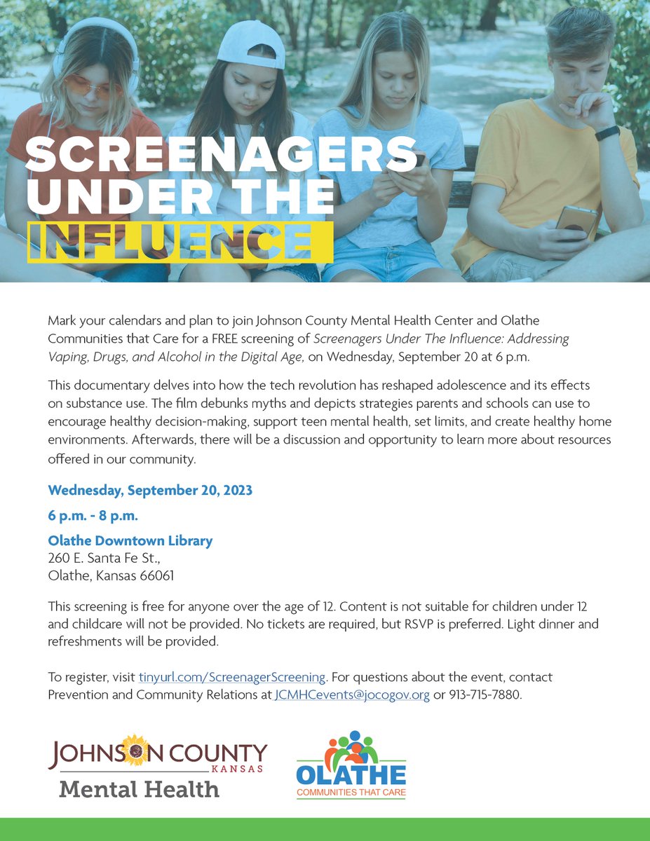 Olathe Public Schools (@olatheschools) on Twitter photo On Wednesday, September 20, from 6-8 p.m., <a href="/JOCOMNH/">Johnson County Mental Health Center</a> and <a href="/olathectc/">Olathe CTC</a> are hosting a FREE screening of "Screenagers Under the Influence: Addressing Vaping, Drugs, and Alcohol in the Digital Age" at the Olathe Downtown Library. The screening is free for anyone over the age of 12. No On Wednesday, September 20, from 6-8 p.m., <a href="/JOCOMNH/">Johnson County Mental Health Center</a> and <a href="/olathectc/">Olathe CTC</a> are hosting a FREE screening of "Screenagers Under the Influence: Addressing Vaping, Drugs, and Alcohol in the Digital Age" at the Olathe Downtown Library. The screening is free for anyone over the age of 12. No