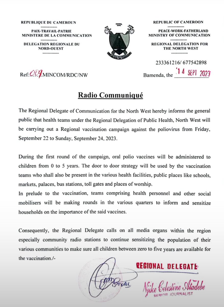 Regional Vaccination Campaign against Poliovirus kickstarts Friday September 22 in the Northwest Region. Let’s endeavour to vaccinate our kids aged 0-5
<a href="/MinsanteCMR/">MinsanteCameroun</a>  <a href="/MinsanteC/">MINSANTE CAMEROUN</a>