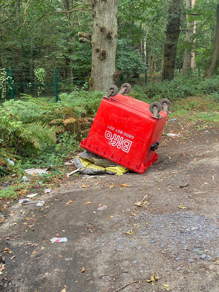 ForeverGolfing's tweet photo. @BiffaService it would appear Fly Tippers have dumped one of your bins at the end of our road. Accommodation Rd, Longcross, Surrey. Thought you might want to collect it. https://t.co/mu71iv4sX5