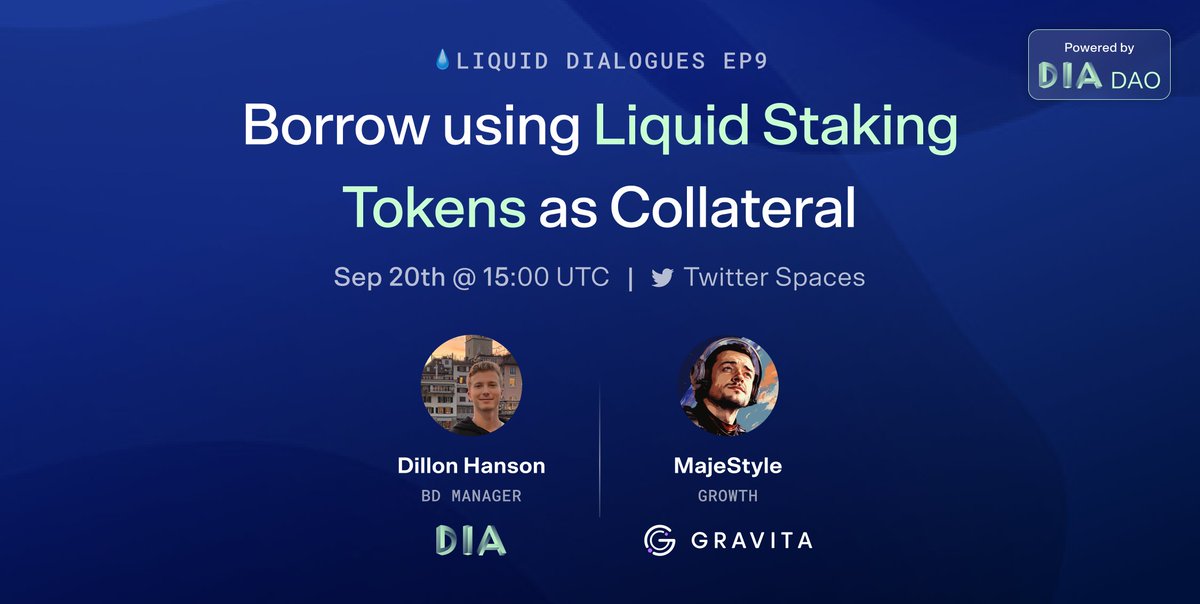 DIAdata_org's tweet photo. 💧 Liquid Dialogues Ep 9 💧

Join @DIACommunityHub for the 9th episode of #LiquidDialogues next Wednesday, discussing LST-collateralized borrowing with @Majestyle69, Head of Growth &amp; Strategy at @gravitaprotocol.

Event details 👇 https://t.co/7F9BqC63gq
