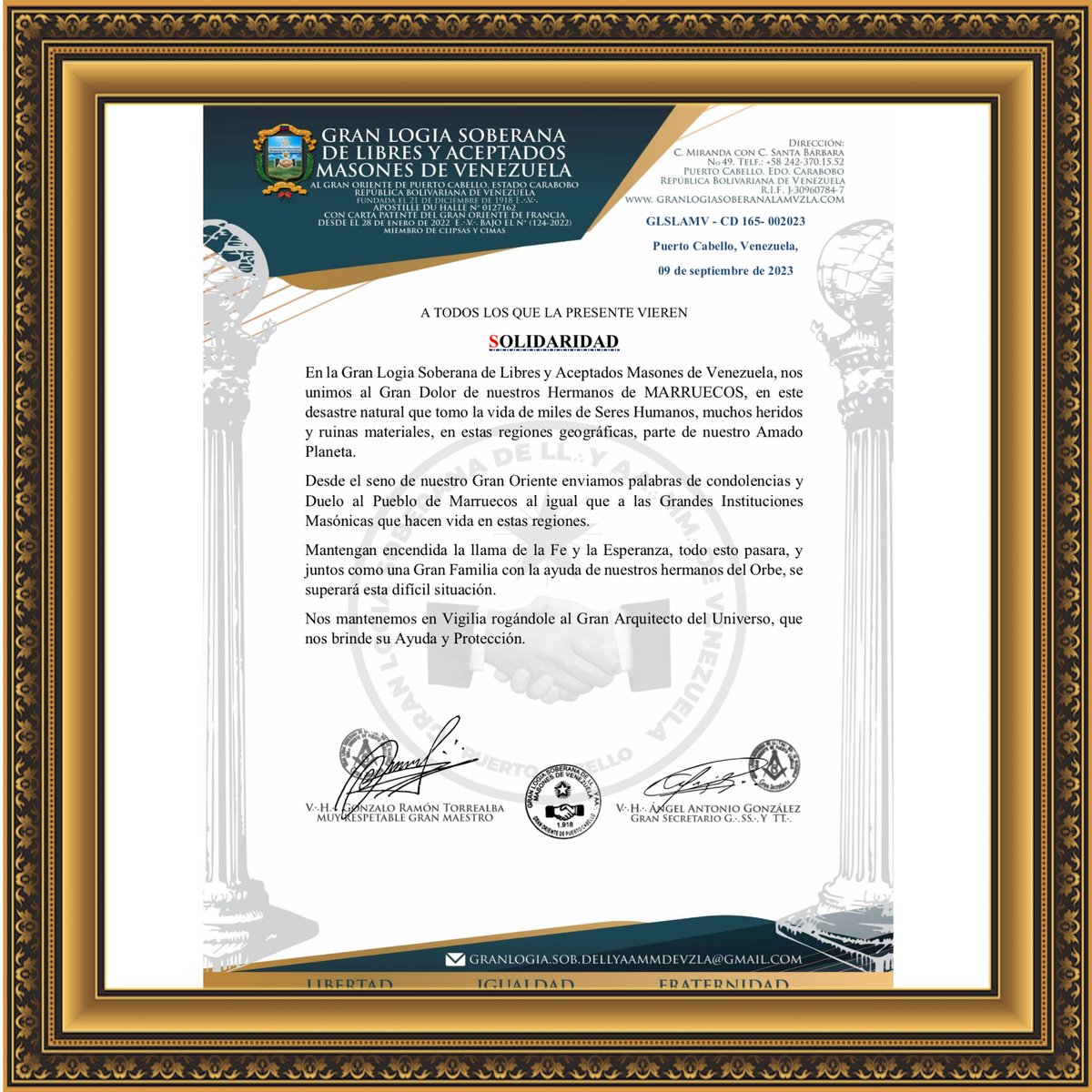 GranLogSobLAMV's tweet photo. A TODOS LOS QUE LA PRESENTE VIEREN

SOLIDARIDAD

En la Gran Logia Soberana de Libres y Aceptados Masones de Venezuela, nos unimos al Gran Dolor de nuestros Hermanos de MARRUECOS https://t.co/0dcdUan9s5