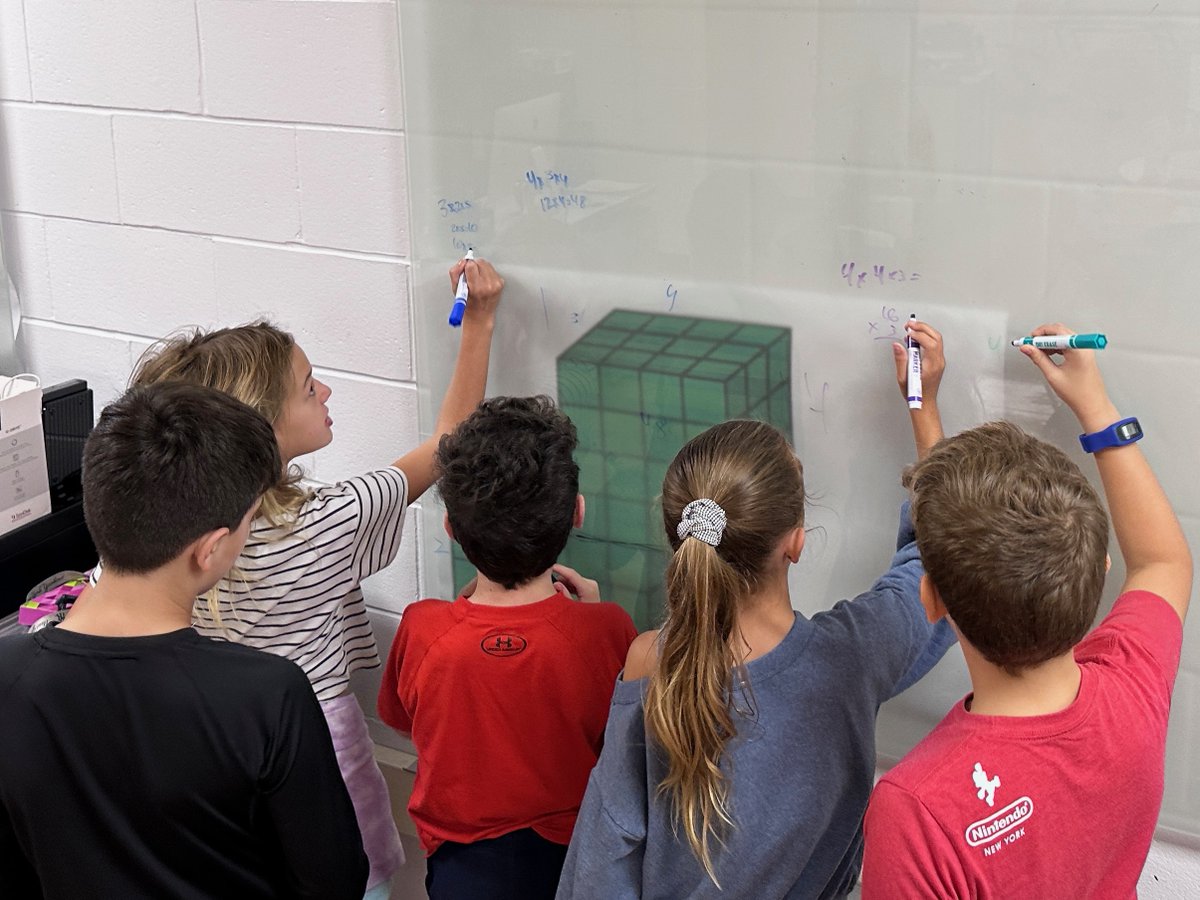 jkpacelli's tweet photo. The #DesignLab was a perfect space for Ms. Berry's Thinking Classroom strategies in 5th Grade Math. They practiced finding compound volume in small groups on the glass marker boards. @SaxeMS #SaxeInnovates @NCPSDL #SaxeDesignLab https://t.co/6uChq9xpzP