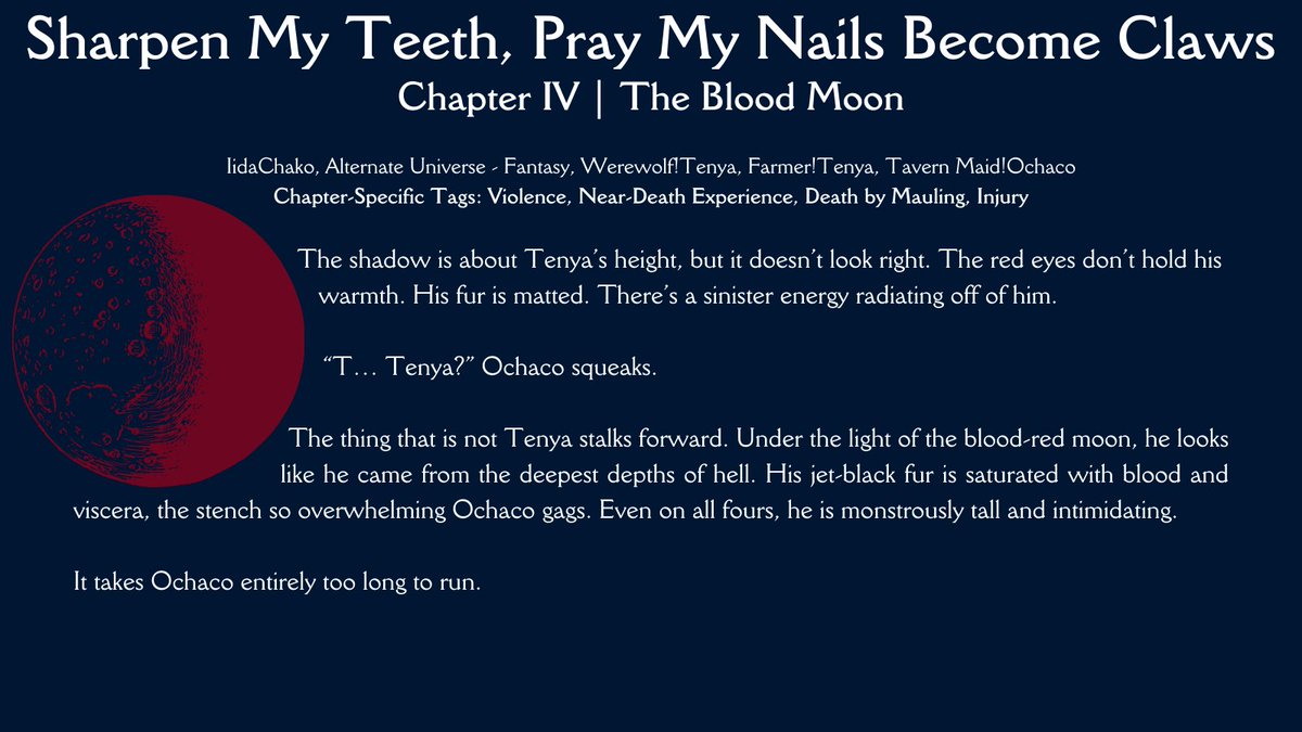 All hell breaks loose in the village of Musutafu in the fourth chapter of my fic for <a href="/BNHAMonsterLove/">💙 Dancing After Dark | A BnHA Bang 💙</a>! A full list of tags is available on AO3.

archiveofourown.org/works/49638874…