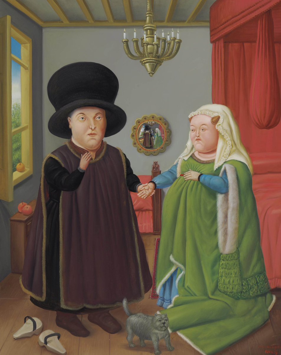 Died (alas!) on this day. Today. Fernando Botero of Colombia. Here, his take on Van Eyck's Arnolfini Portrait, 1997.