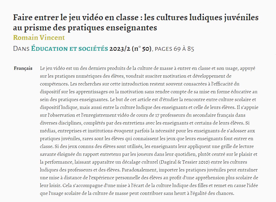 📰"Faire entrer le jeu vidéo en classe : les cultures ludiques juvéniles au prisme des pratiques enseignantes"

Très heureux de vous annoncer la publication de mon article, tiré de mon travail de thèse, dans la revue Education et Sociétés.

Accès gratuit : cairn.info/tap-18924l97mk…