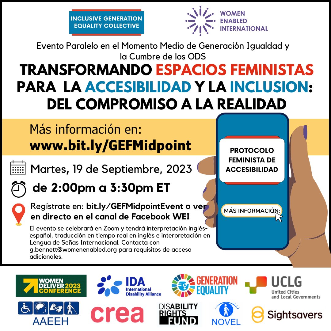WomenEnabled's tweet photo. 🌈 #Inclusión no es sólo una palabra de modo; ¡es un compromiso! Escucha como @WomenDeliver fue más allá de los hashtags y creó un accesible #WD2023 con el #FeministAccessibilityProtocol. #CommitToAccess el 19 de septiembre a las 2pm ET! 🌈 https://t.co/9a1QvjHvB5 #GEFMidpoint https://t.co/PZpJEY01dq