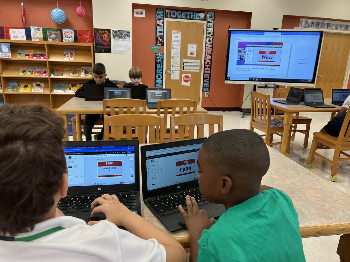 MrsBennettReads's tweet image. Today in media my third graders participated in an @AdobeExpress livestream. They created a name tag, added audio, and animated stickers. They had so much fun! @BocaRatonElem @pbcsd @LibraryCurrent #LoveMyLibraryPBCSD @TanyaAvrith