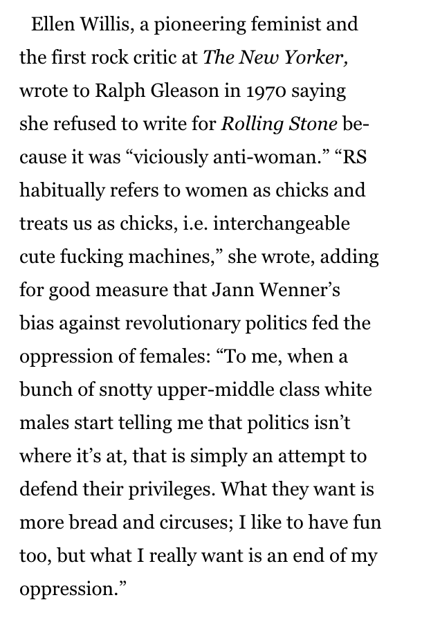 Critic and feminist Ellen Willis on Jann Wenner and Rolling Stone, 1970. *Decades* ahead of her time.