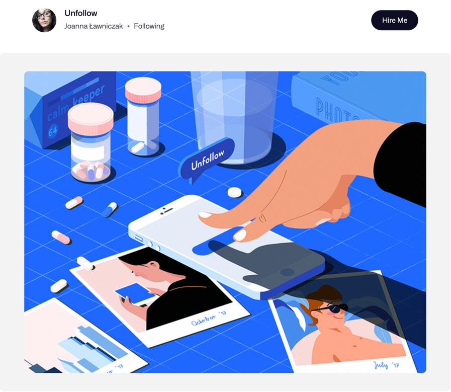 abinashmohanty's tweet photo. Designers, I didn't know pointing out something as feedback can make you blocked 😐 read the story

Someone posted an illustration that was done for a great Fintech company @_groww 👌 I saw the illustrations and pointed out "I've seen this illustration (top right) somewhere else" 🤔 as you can see in the attached pic having 4 images. 

I went ahead and spent some time hunting for that particular illustration as it was a masterpiece. Yes! I found it and it was done by Joanna Ławniczak on Dribbble 👇

However,..

By the time I reached back to the original post to revert, I was blocked by the person 😕 

Someone who has worked for a company like Frog Design and who copied 60% of its work by just changing the colors and content. What has happened to the original creation 👀

This is design, and I'm 100% sure the company would never find out whether we have a unique creation for our product or just another replicated version from another product.

It's Friday, and it was a great story to be addressed.
