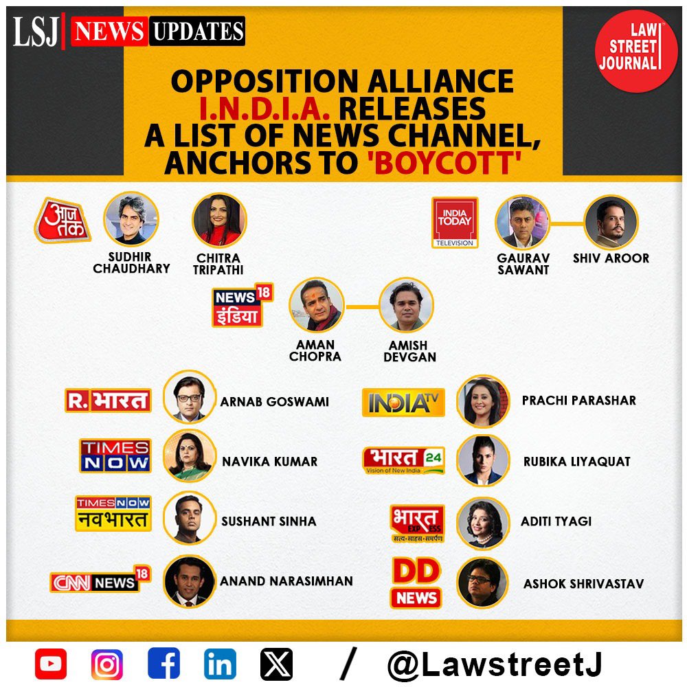 INDIA alliance's boycott list of TV News Anchors who spread Hatred and Misinformation.

#INDIA #BoycottDecision #TVNewsAnchors #TVPrograms #ControversialDebates #PressFreedom #MediaBoycott #PoliticalAlliance #India #LawstreetJ @chitraaum @AMISHDEVGAN @aditi_tyagi @ShivAroor