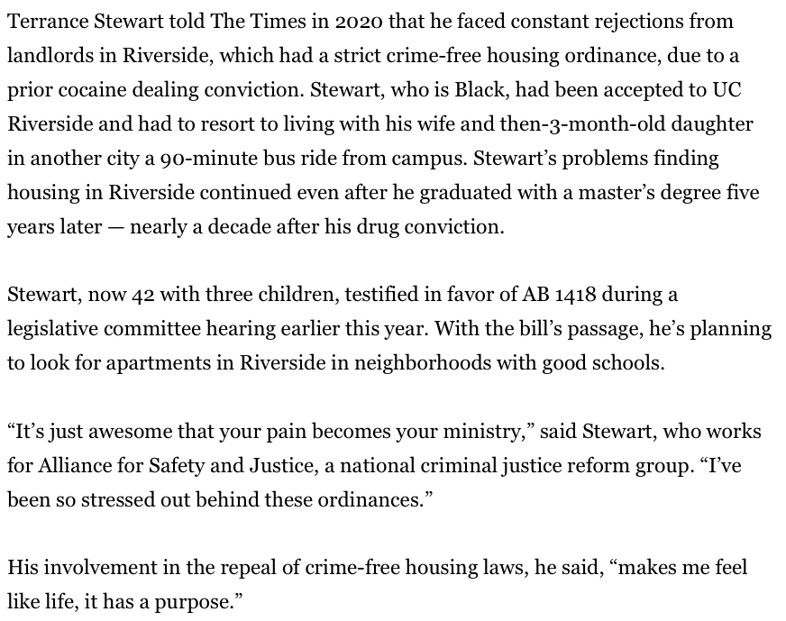dillonliam's tweet photo. After his acceptance to UC Riverside, Terrance Stewart couldn't find a place to live nearby because his prior cocaine dealing conviction made him ineligible under Riverside's crime-free housing laws. The state is now on the verge of banning crime-free laws https://t.co/paJXA7DuXW https://t.co/SU8lKCEVcd