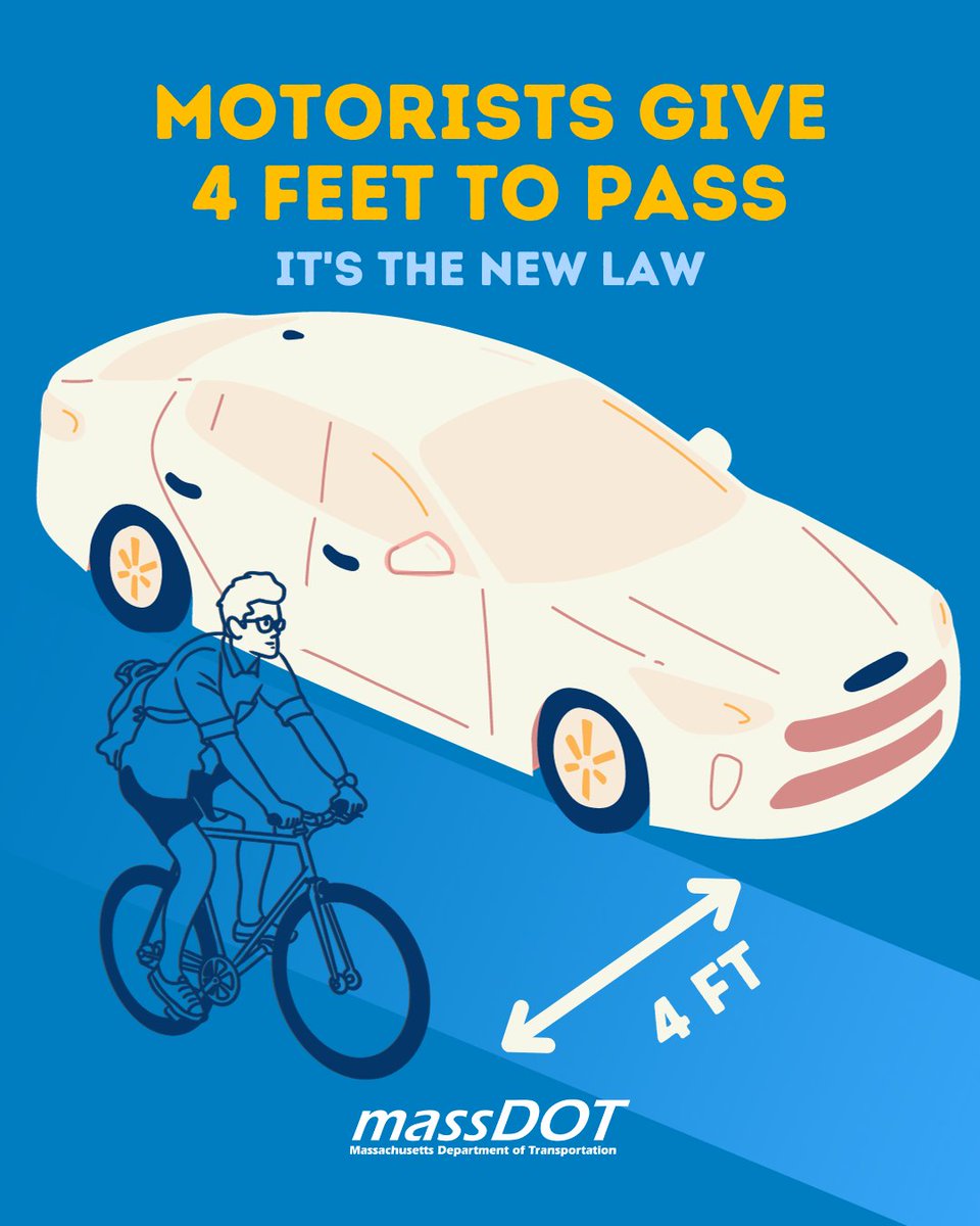 If you drive, remember that a new vulnerable road user law has been in effect in #MA since this April.

When passing a cyclist, pedestrian, or any vulnerable road user, keep a safe distance of at least  𝟰 𝗳𝗲𝗲𝘁 and maintain a reasonable speed. 🚴🏇👨‍🦽🛹🛼🛵🚜

#SafePassingLaw