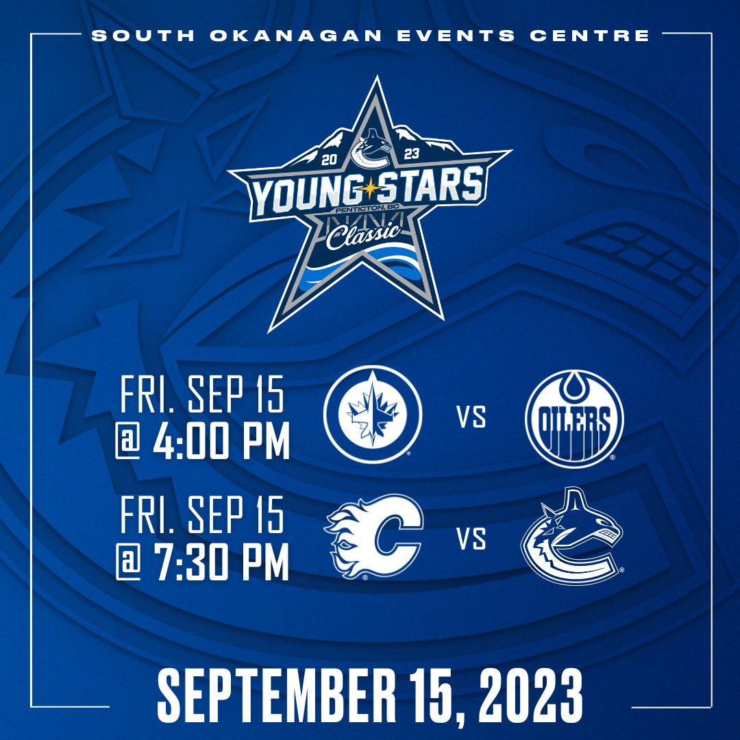 TONIGHT 🌟 The Vancouver @Canucks Young Stars Classic returns to the SOEC in Penticton! Tickets are still available in person and online at bit.ly/YoungStars23 🎫 SEE YOU TONIGHT! 🏒⭐ #canucks #youngstars #nhl #penticton #soec