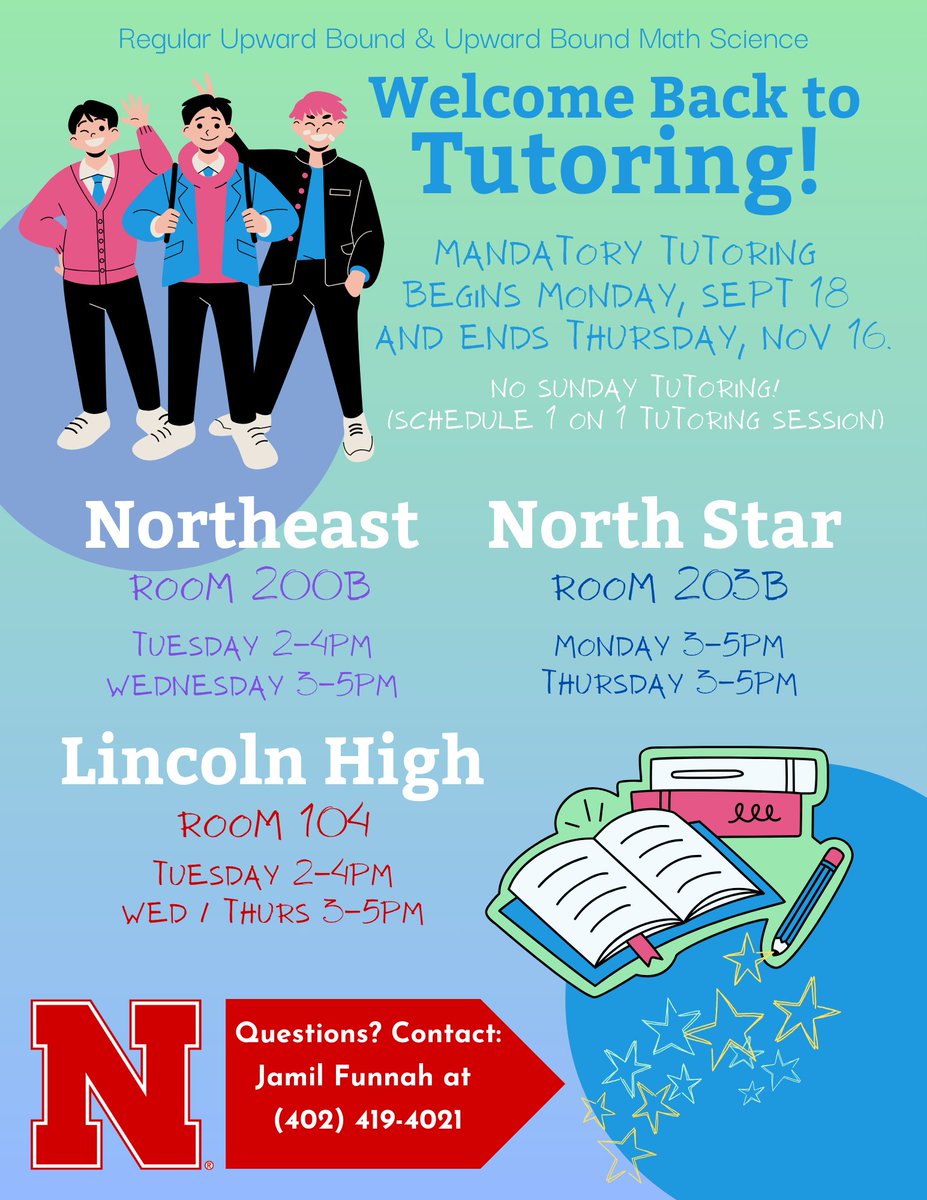 ubunl's tweet photo. Attention all Upward Bound Scholars - Don't forget to come to tutoring for at least 30 minutes a week starting Monday, 9/18! https://t.co/8vpU3EGcbB