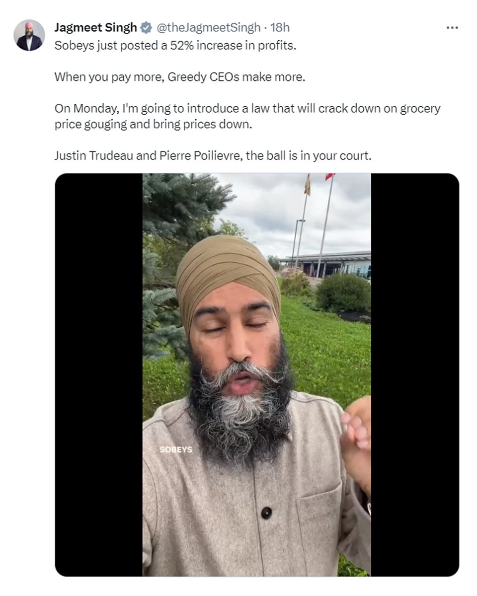 PierrePoilievre's tweet image. Jagmeet—grocery chain profits and grocery prices have skyrocketed since you have been in power in coalition with Trudeau.

Food prices are up 20% under your government. You have zero credibility.