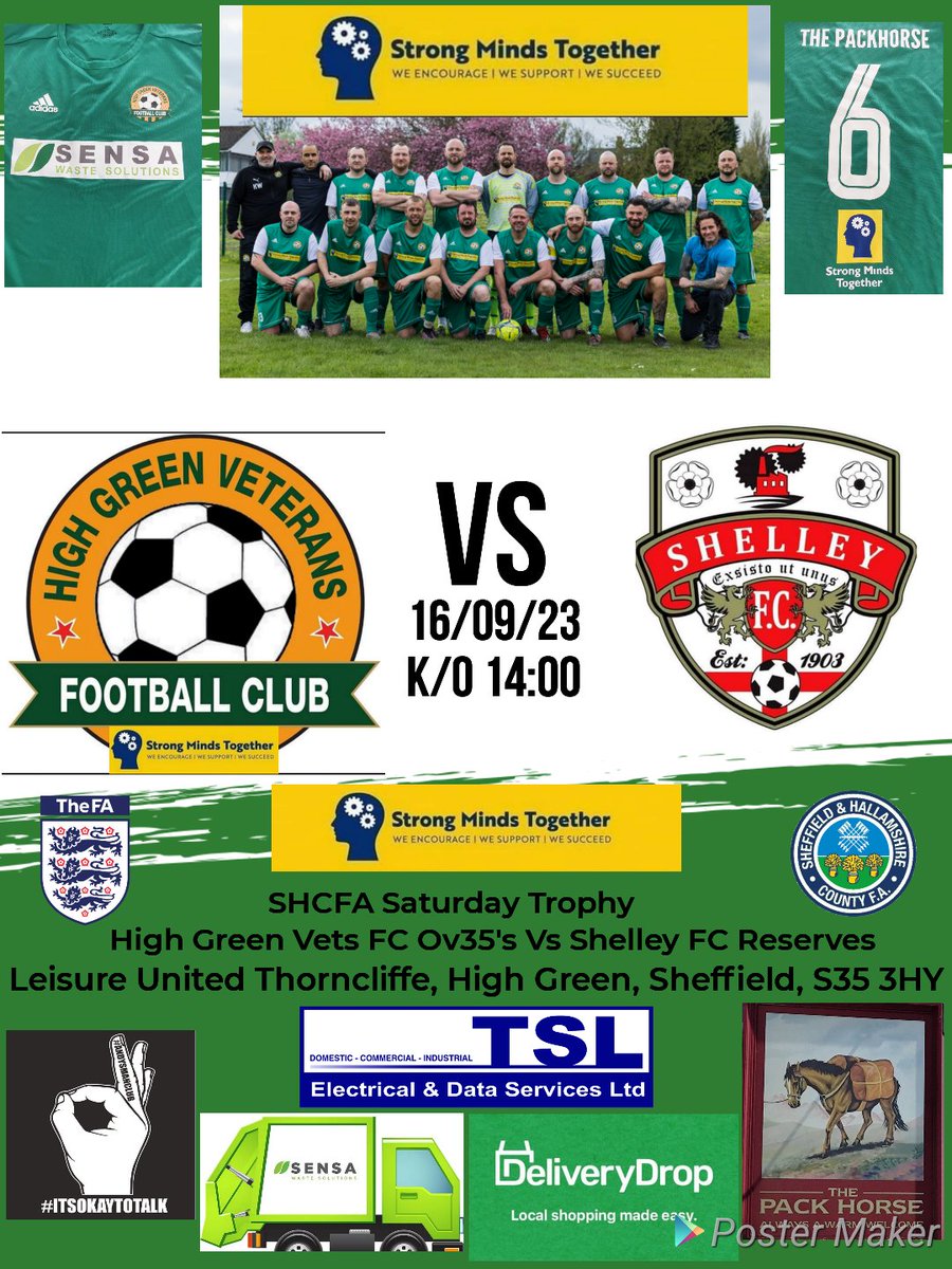 2nd fixture of the season this Saturday 16th Sept in the @SHCFA Saturday Trophy

We take on take on @ShelleyCommFC Reserves 
Venue @leisureunited.s35 
K/O 14:00

Match Day Kit Sponsors
@Sensa_Waste
@packhorsehighgreen

Match Ball Sponsor
@DeliveryDrop1