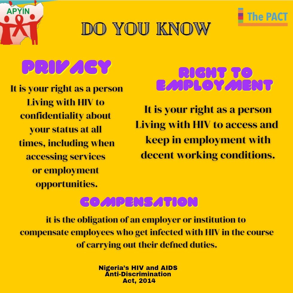 adeiza_umoru's tweet photo. Did you know that Nigeria has a law that protects people living with HIV from discrimination,it's called The HIV/AIDS Anti-Discrimination Act of 2014.
#uprootscorecard
#theyouthpact
#apyin
#AYPDemands https://t.co/CngTgP4th3