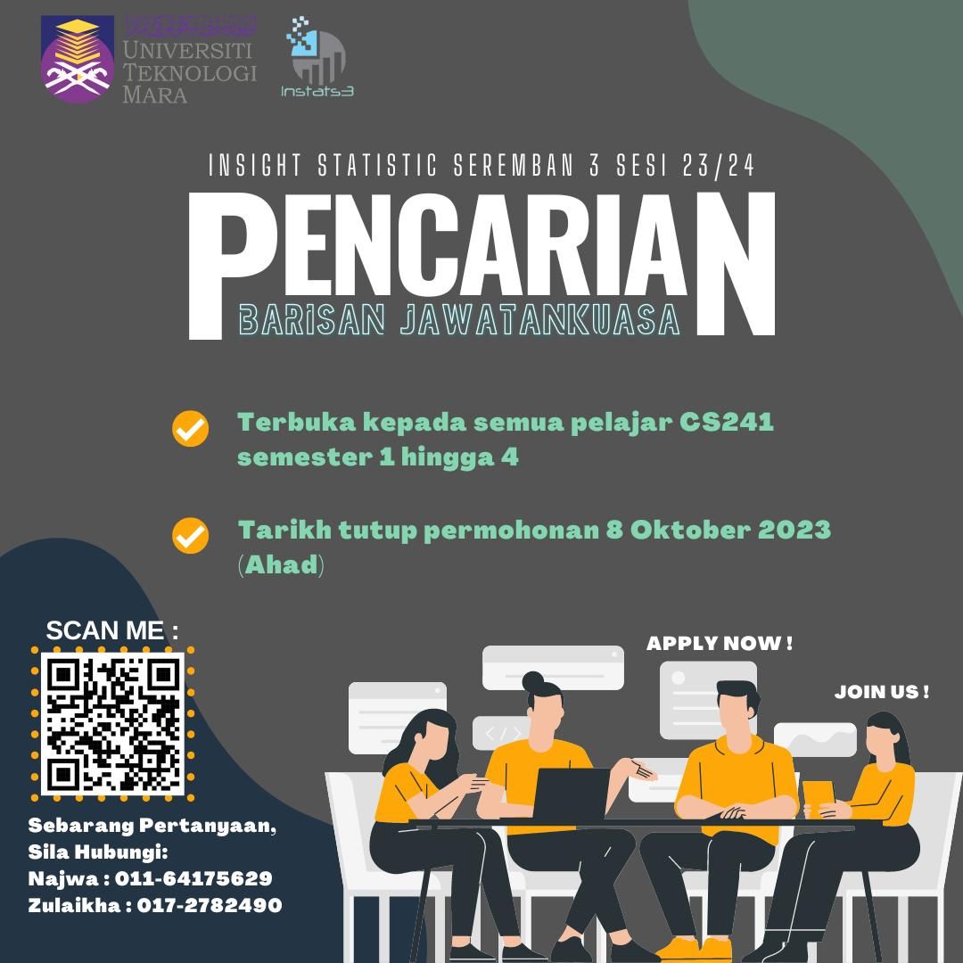 instat_s3's tweet photo. ✨Assalamualaikum WBT, Salam Sejahtera &amp; Salam UiTM Dihatiku✨

Kami dari pihak Insight Statistics Seremban 3 kini membuka
📝 PENCARIAN BARISAN JAWATANKUASA INSTATS3 SESI 23/24 📝

📌 Borang Permohonan boleh dapatkan di pautan : 
https://t.co/kobfgqSiNz 

#CS241 https://t.co/TIDXRoAjzX