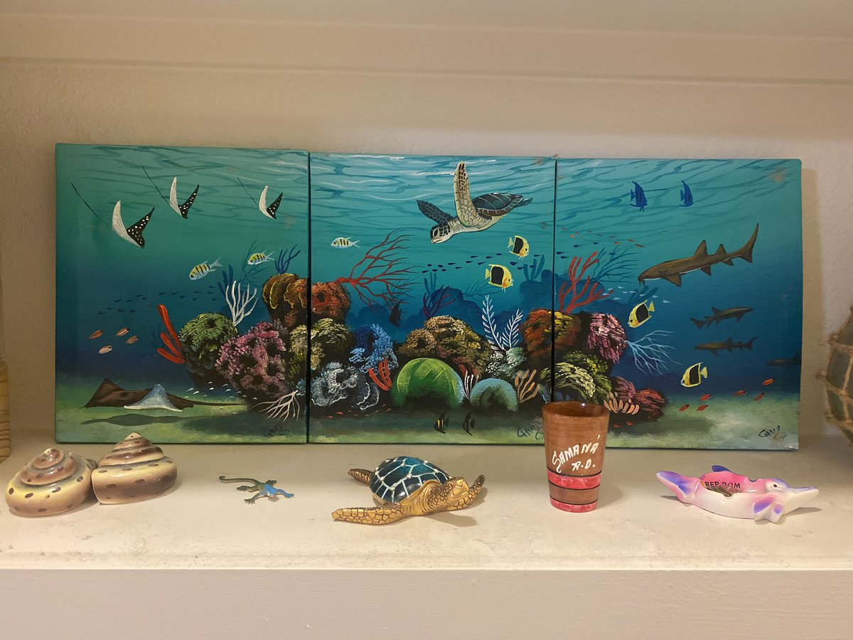 jdonith's tweet photo. My travel shelf is filling up fast from this summer! Just got back from the Dominican Republic and I can’t wait to share all my content. This painting is from my trip to Belize. #travel #oceanlove #art #summer2023 https://t.co/4NfZNWPKc5